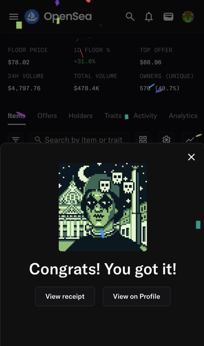 An OpenSea NFT marketplace screen showing collection stats (Floor Price $78.02, 1D +31.6%, 24H Volume $4,797.76) and a 'Congrats! You got it!' confirmation modal for an NFT purchase.