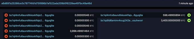 A cryptocurrency transaction interface shows multiple BTC transactions with addresses starting with 'bc1ql4mfu6aundtikksxkffajs2...' and various BTC amounts.