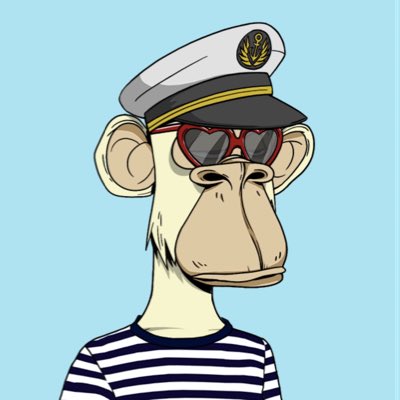 A cartoon monkey character wears a white captain's hat with a gold emblem, red heart-shaped sunglasses, and a black-and-white striped shirt against a light blue background.