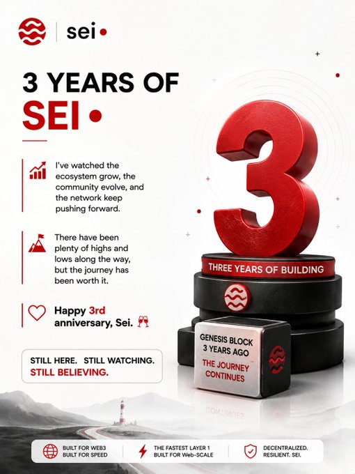 A celebratory infographic titled '3 YEARS OF SEI' features a large red 3D number '3' and text commemorating the 3rd anniversary, highlighting milestones like 'THREE YEARS OF BUILDING' and 'GENESIS BLOCK 3 YEARS AGO'.