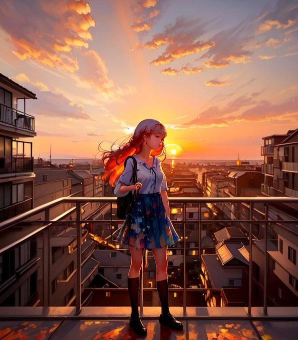 An anime-style schoolgirl with a backpack stands on a rooftop balcony at sunset, facing a warm orange sky above a neighborhood.
