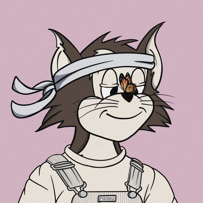 A cartoon illustration of a smiling cat-like character with a butterfly resting on its nose, wearing a white headband and overalls with the name 'FIENDZ' on a label.