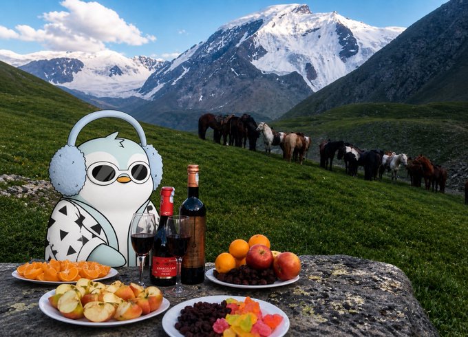 A surreal composite showing a cartoon penguin wearing headphones and sunglasses next to plates of fruit, wine, and snacks on a stone table, with horses grazing on a green alpine meadow and snow-capped mountains in the background.