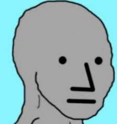 A simple cartoon-style illustration of a gray-skinned bald NPC-like face with black dot eyes and a straight-line mouth against a bright teal background.