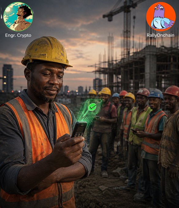 An AI-generated image showing a construction worker wearing a yellow hard hat and orange safety vest looking at a smartphone with a green holographic checkmark, while other workers stand near a building under construction in the background. The image is branded with 'Engr. Crypto' and 'RallyOnchain' logos.