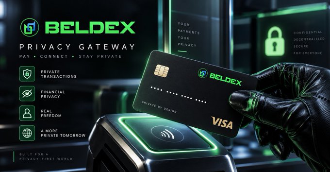 A promotional image for BELDEX Privacy Gateway showing a gloved hand holding a black Visa card over a contactless payment terminal, with text highlighting private transactions, financial privacy, real freedom, and a more private tomorrow.