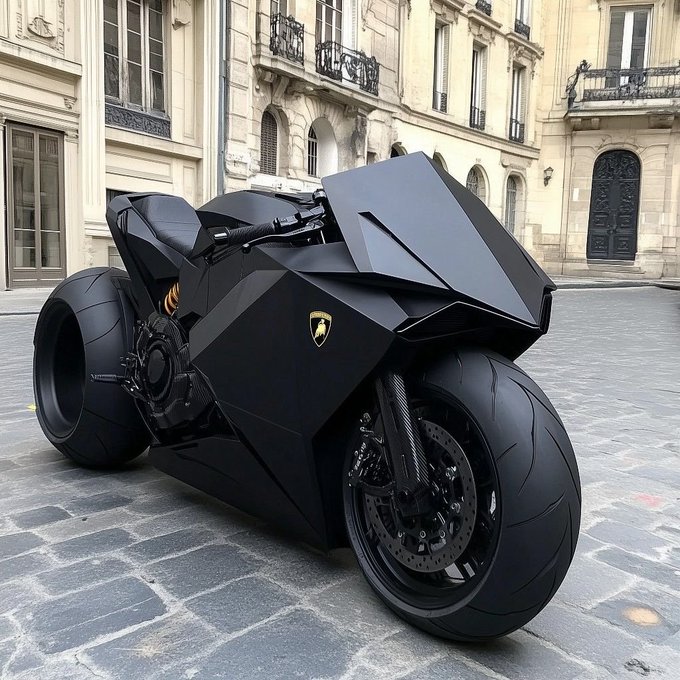 The image features a black motorcycle parked on a cobblestone street, with a building visible behind it. The motorcycle has a large front wheel and a smaller rear wheel, giving it an interesting design. The surrounding area includes a door and a window in the background, adding context to the scene. The post about Degens Can I get a GM Builders are eating Degens Are farming And how about you? seems unrelated to the image of the motorcycle but could be interpreted as a humorous or lighthearted statement by someone who knows about the motorcycle's design.