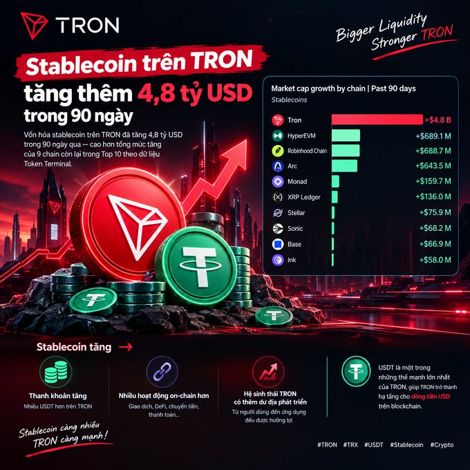 An infographic in Vietnamese promotes Tron stablecoins, stating 'Stablecoin trên TRON tăng thêm 4,8 tỷ USD trong 90 ngày' and showing Tron leading market cap growth at +$4.8B.