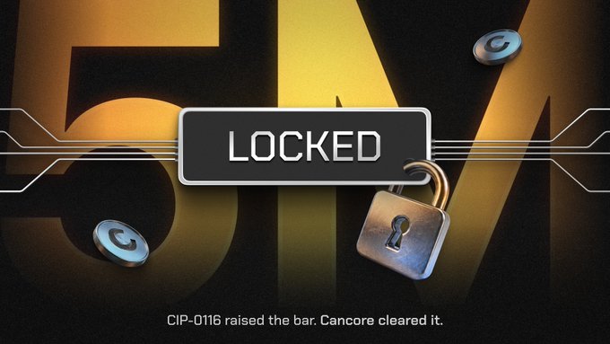 The image features a lock symbol surrounded by a key, which is part of a larger image that says "5,000,000 CC. Locked onchain. Cancore has fully met the CIP-0116 requirement to maintain Featured App status on @CantonNetwork – with eligibility backed by committed onchain capital, not transaction volume." The lock symbol and key are positioned in such a way that they appear to be locked together, emphasizing the concept of locking something out or restricting access.