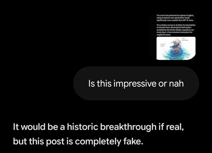A screenshot showing a small graphic claiming a 'proof-of-concept' BPP machine built by GPT-6 Extra, with captions asking 'Is this impressive or nah' and declaring 'It would be a historic breakthrough if real, but this post is completely fake.'