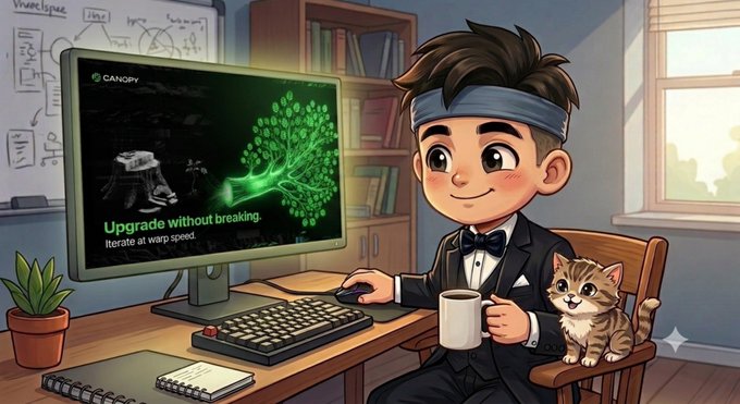 A cartoon-style illustration of a young man in a tuxedo sitting at a desk with a kitten on his chair, holding a coffee mug. His computer monitor displays "CANOPY" and "Upgrade without breaking. Iterate at warp speed."