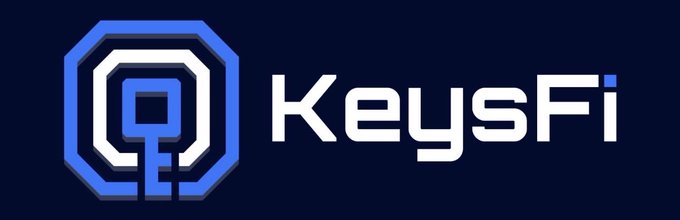 A logo for 'KeysFi' featuring a stylized blue key icon on a dark navy background.