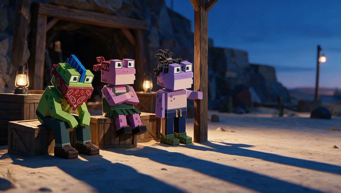 Three blocky, voxel-style characters sitting on wooden crates in a desert setting at dusk, with lanterns illuminating the scene.