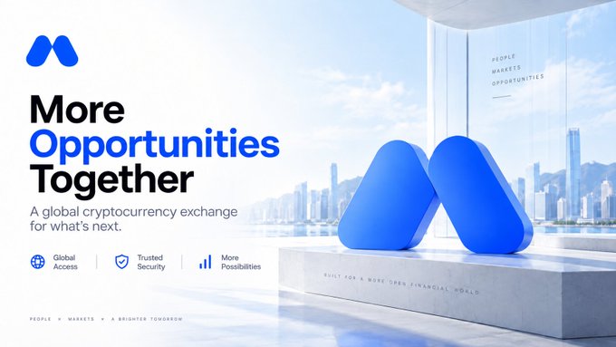 A promotional banner for a cryptocurrency exchange reading 'More Opportunities Together' with a subtitle 'A global cryptocurrency exchange for what's next,' featuring a blue logo and a cityscape background.