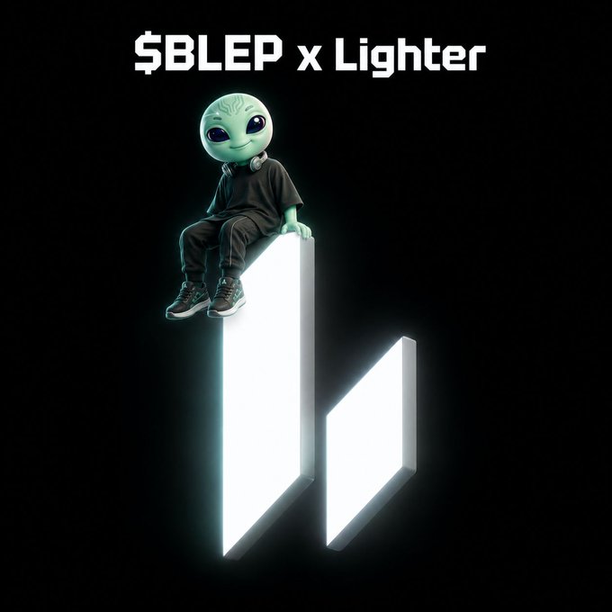A 3D-rendered green alien character sits on a glowing white geometric 'L' logo, with text at the top reading '$BLEP x Lighter'.