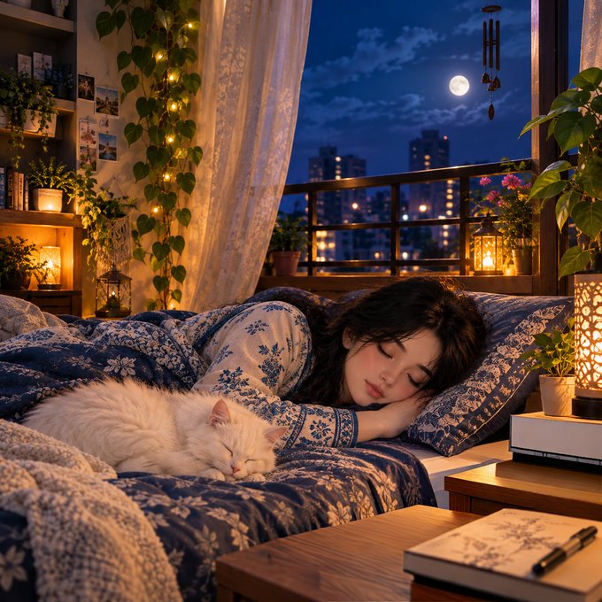 A young woman sleeps peacefully on a bed with blue floral bedding alongside a white cat, with a city skyline and full moon visible through the window behind her.