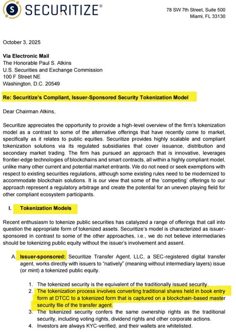 The image shows a letter written by someone named Paul Atkins, which is addressed to a person named Robert. The letter discusses Ripple Cryptocurrency tokenization models and their compliance with SEC regulations. It also mentions that the letter was sent via electronic mail on October 3rd, 2005.