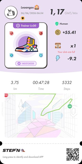 A STEPN app screenshot shows user "Leoaagos" earning 1.17 GMT/min with a Trainer Lv30 sneaker (Common Lv30), after completing a 3.75 km, 47:28 run that earned 55.41 GMT and lost 9.2 energy, with slots full indicating the end of their daily energy limit. This corresponds to the Friday recap detailing 55.41 GMT earned at approximately $0.0074 per token, reflecting one of the day's two runs.