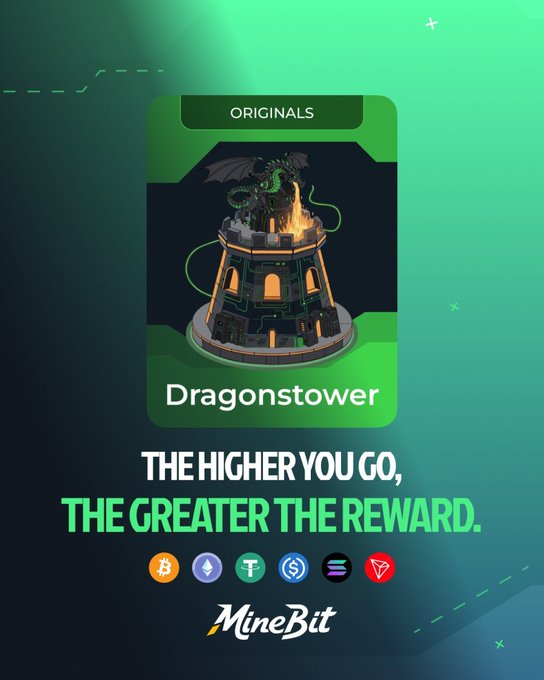 A promotional graphic for MineBit's "Dragonstower" original game features a dark tower topped with a green dragon against a fiery glow, with the tagline "The higher you go, the greater the reward" displayed above cryptocurrency icons including Bitcoin, Ethereum, Tether, and Solana. The fiery dragon imagery visually reinforces the post's message about the risk of climbing too high without knowing when to cash out.