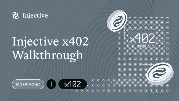 !"x402 Walkthrough" is presented, accompanied by a design that features lines of various colors (light blue, dark blue, and white). This image showcases an illustration from @injective's website. The post is about x402, which can be used as a credit card reader for online shopping or even analyzing markets to understand the stock market behavior. However, it seems that in this particular post, the main point is not related to credit card readers or stock trading; instead, it focuses on discussing something called "x402".