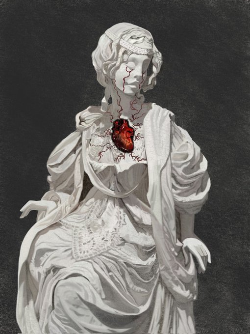 The image features a white statue of a woman with red blood vessels coming out of her neck, which appears to be broken or damaged. The statue is positioned against a black background, making it stand out prominently. The caption below the image reads "Good morning Still Beating 1/1 ~ 56 $XTZ Available on @objktcom". This suggests that the artist who created this piece might have been inspired by the concept of stillness and resilience in the face of challenges or hardships.