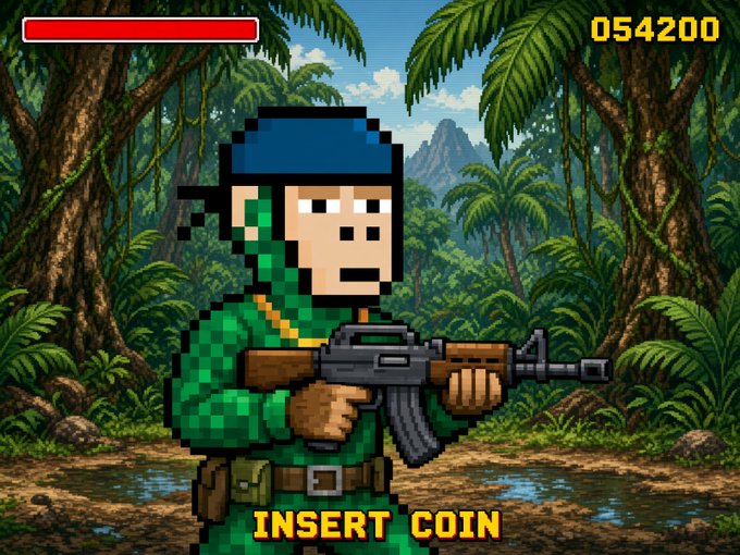 A pixel art illustration of a soldier in green camouflage and blue bandana holding an AK-47 in a jungle setting, with a red health bar, score '054200' at top right, and 'INSERT COIN' text at the bottom.