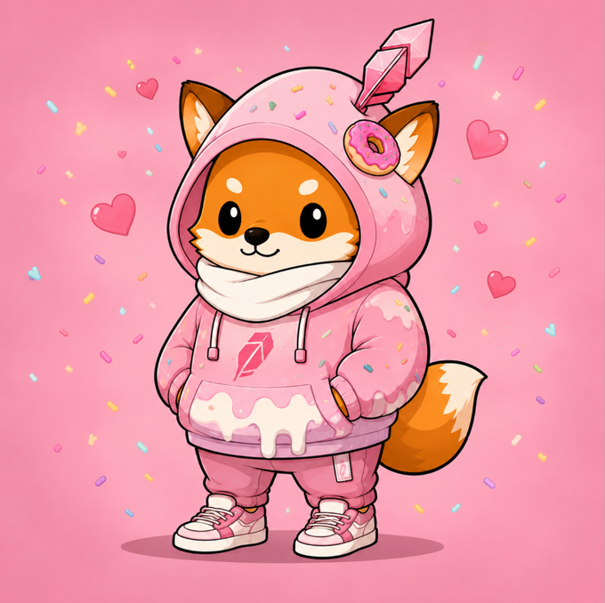 A cute cartoon fox wearing a pink donut-themed hoodie with sprinkles and a feather adorns the character "Hoodzi," with hearts and sprinkles scattered in the pink background, matching the playful NFT mint announcement with 10 hours remaining on OpenSea.
