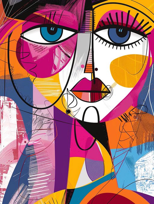 A vibrant, abstract cubist-style portrait of a face with large blue eyes, pink, yellow, and blue color palette.