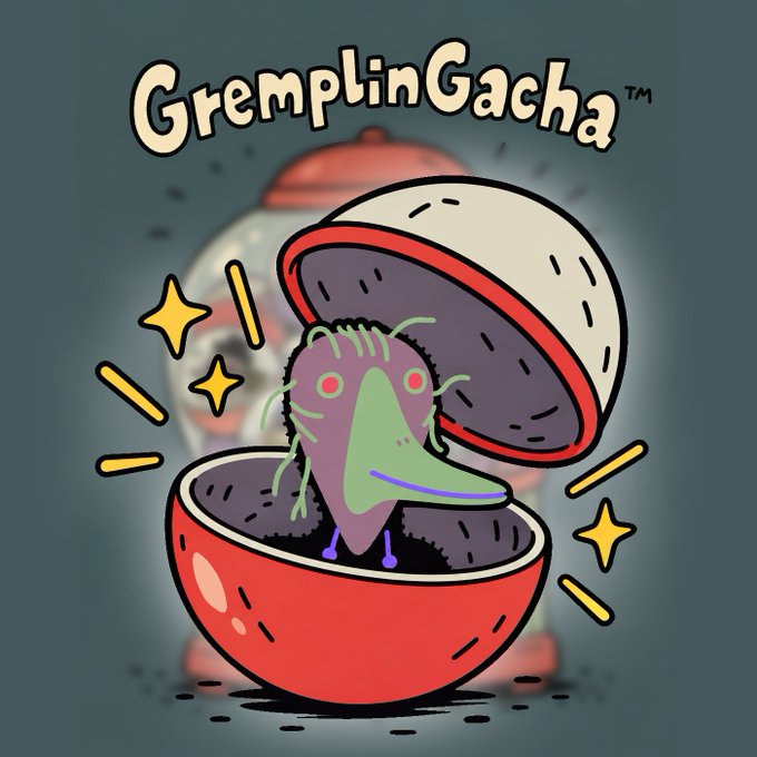 A cartoon-style logo titled 'Gremlin Gacha™' featuring a purple gremlin creature with green hair emerging from an open red gacha capsule ball, surrounded by sparkle effects.