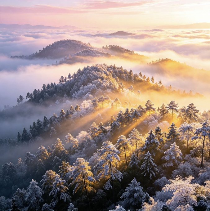 An aerial view of a snow-covered forest with sunlight streaming through mist and frost-covered trees, creating a warm, golden glow over the landscape.