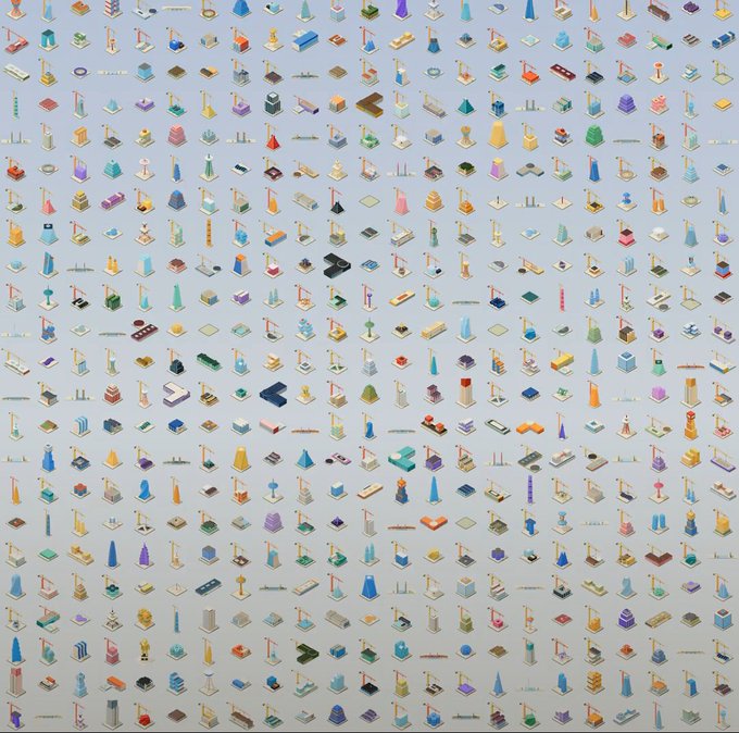 A dense grid of many small colorful isometric icons appears on a light gray background, resembling a broad catalog of symbols, objects, and structures.