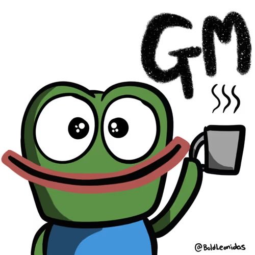 A cartoon illustration of a green frog character holding a steaming mug, with the text 'GM' written in large black chalk-like letters above it and '@BoldLeonidas' signed in the bottom right.