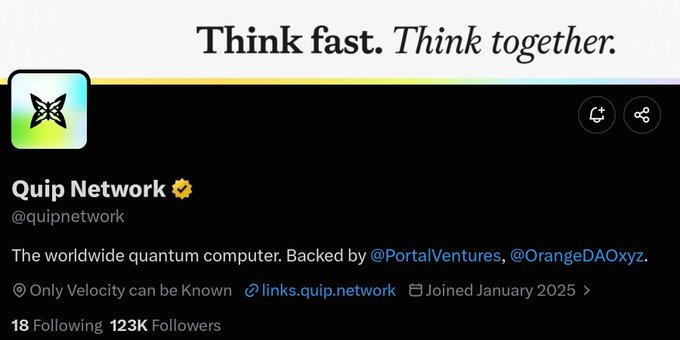 A Twitter/X profile page for Quip Network (@quipnetwork), described as 'The worldwide quantum computer. Backed by @PortalVentures, @OrangeDAOxyz,' with 123K Followers, joined January 2025.