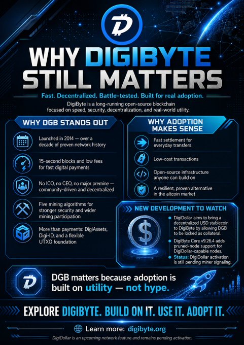 An infographic titled 'WHY DIGIBYTE STILL MATTERS' lists reasons DGB stands out (launched in 2014, 15-second blocks, no ICO) and adoption highlights, noting DigiDollar activation is pending miner signaling, with a call to 'EXPLORE DIGIBYTE. BUILD ON IT. USE IT. ADOPT IT.' at digibyte.org.
