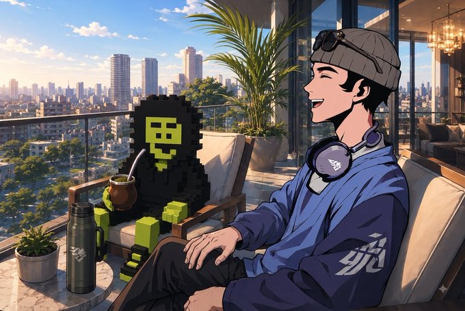 An anime-style illustration shows a young man with headphones and a beanie sitting on a balcony lounge chair, smiling at a pixelated green character wearing a black hood who is sipping mate tea from a gourd, with a city skyline in the background.