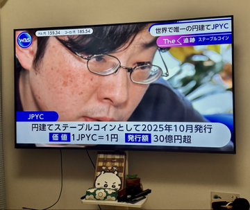 The image shows a television screen displaying a news program, with a man wearing glasses as the main subject of the show. The TV is mounted on a wall above a shelf that holds various items such as a remote control and a small figurine or toy. The scene suggests that someone has placed these objects there for easy access while watching the news.
