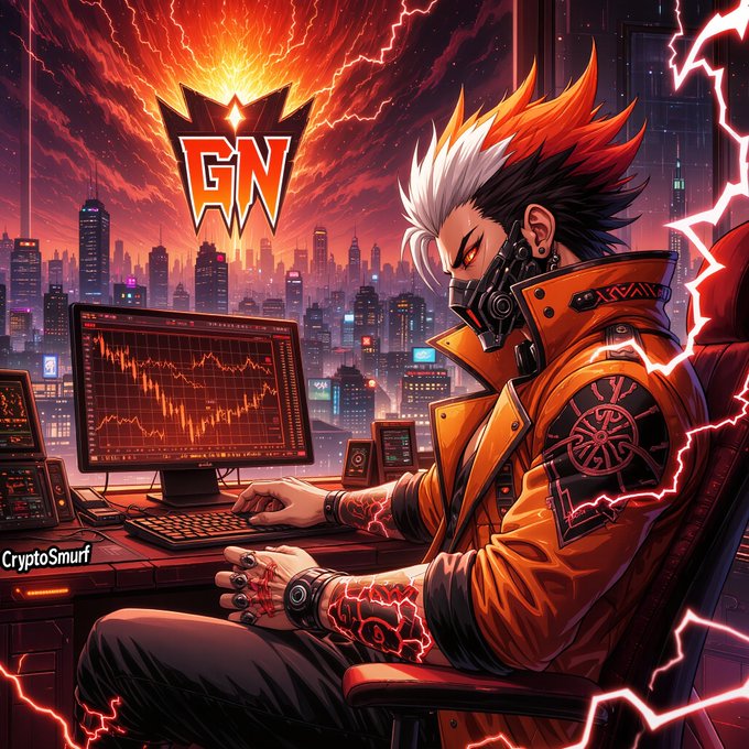 A vibrant anime-style illustration of a punk character with red and white hair wearing a mask and orange jacket, sitting at a computer displaying crypto charts with 'CryptoSmurf' text and a 'GN' logo against a red lightning-filled cityscape.