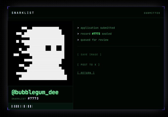 A dark green-themed digital interface from SNARKLIST showing a pixelated ghost image with the username @bubb1egum_dee, record #7773, and status messages indicating 'application submitted', 'record #7773 sealed', and 'queued for review'.