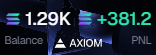 The image shows a crypto portfolio dashboard displaying a balance of 1.29K and PNL of +381.2, with the Axiom logo visible. This aligns with the post's celebration of Day 338 and a 381 SOL gain, highlighting the trader's current holdings and significant unrealized profit as they progress toward their 100,000 milestone.