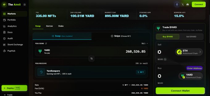 A screenshot of "The Anvil" decentralized exchange dashboard showing the $YARD market with stats including 335.00 NFTs, 100.51M YARD 24h volume, and a 15.0% borrow APR, but with zero liquidity in the buy/sell panel—illustrating the post's note about no liquidity currently available for the $YARD trade.