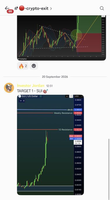 The image shows a Discord message from the "#crypto-profit-signals" channel dated September 18, 2024, featuring two cryptocurrency charts with resistance levels marked around $0.96, $0.98, and $1.00 for $SUI, posted by user Elliot C. The accompanying message celebrates hitting "TARGET 1" on $SUI and predicts it will run to $1+.
