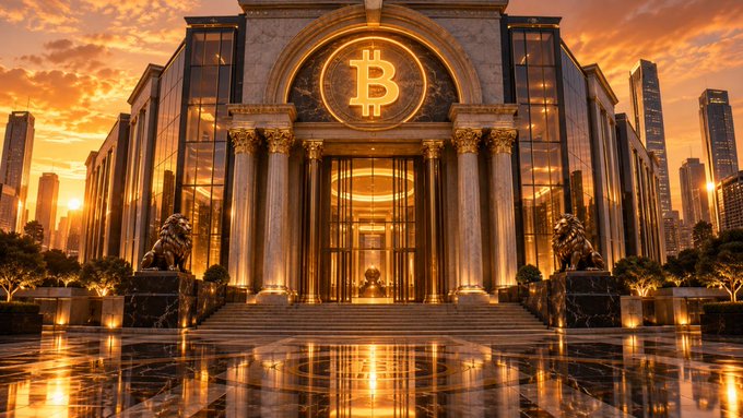 A grand, golden-lit classical building featuring a large Bitcoin logo above its entrance, flanked by lion statues against a sunset city skyline.