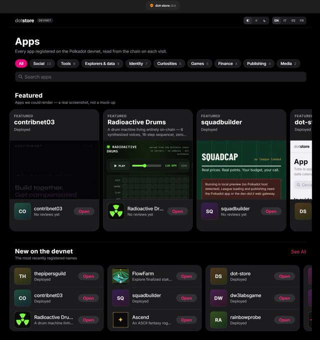 A screenshot of the do-store.deployed devnet website displaying a grid of Polkadot blockchain apps including 'contribnet03', 'Radioactive Drums', and 'squadbuilder' under categories like Featured and New.