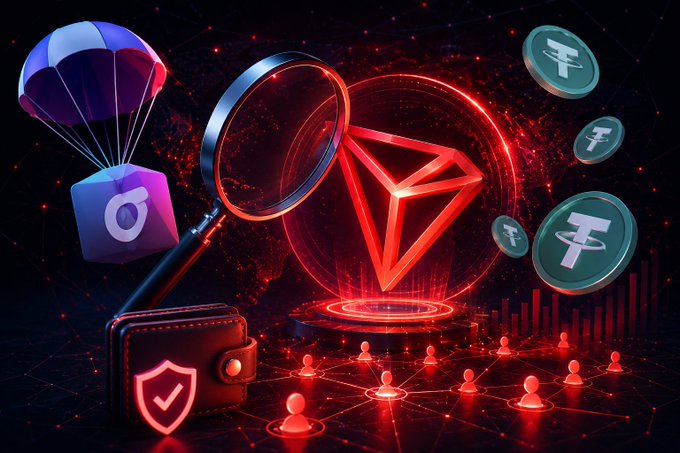 A glowing red Tron (TRX) logo is magnified through a lens beside floating USDT (Tether) coins, a wallet icon with a shield, and a parachute symbolizing an airdrop—all set against a network of connected user nodes, visually representing MoonPay's integration enabling gasless stablecoin transfers on the TRON blockchain.