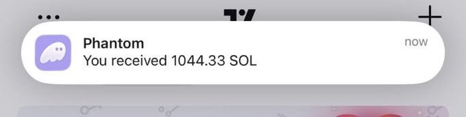 A notification from the Phantom crypto wallet shows "You received 1044.33 SOL," illustrating the post's reference to receiving a large crypto token airdrop or payout today.