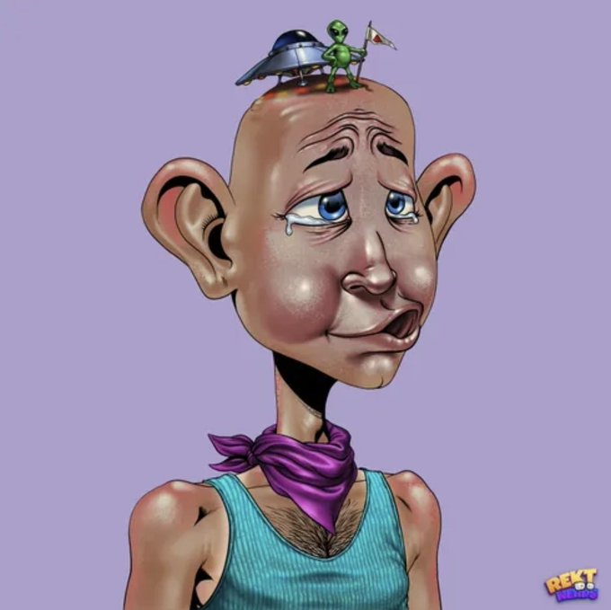 A cartoon man with an oversized bald head, large ears, and a tear rolling down his cheek wears a purple bandana and teal tank top, while a green alien plants a flag next to a landed UFO on his scalp. The "REKT NERDS" logo appears in the bottom right corner, fitting the post's theme of feeling defeated by bizarre events like alien arrivals and Cape Verde qualifying—suggesting the artist is mentally overwhelmed yet still holding onto his crypto investments.