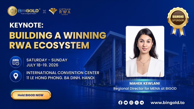 In this image, we have a poster for the Vietnam RWA Summit 2026. This poster shows the key speaker for the event, Mahek Kewlani, who is the Regional Director for MENA (Middle East and North Africa) at BIGOD. The key event, "Building a Winning RWA Ecosystem", will be happening from Saturday, July 18th to Sunday, July 19th, 2026 at the International Convention Center in Ho Chi Minh City, Vietnam. The event addresses the question of whether tokenization is sufficient for the success of Real World Assets (RWA) or if they need real-world utility to achieve mass adoption, reflecting the conversation highlighted in the accompanying post.