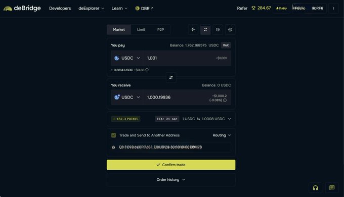 A screenshot of the deBridge exchange interface showing a market swap of 1.001 USDC for 1,000.19936 USDC. The trade is configured to "Trade and Send to Another Address," with the post suggesting the user prefers sending stablecoins via Ethereum addresses rather than holding them on Solana.