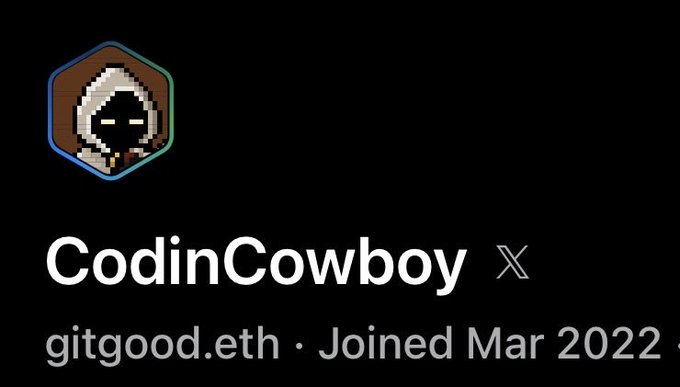A profile header for "CodinCowboy" on X, displaying the handle "gitgood.eth" and the join date "Mar 2022," with a pixel art avatar of a hooded figure.