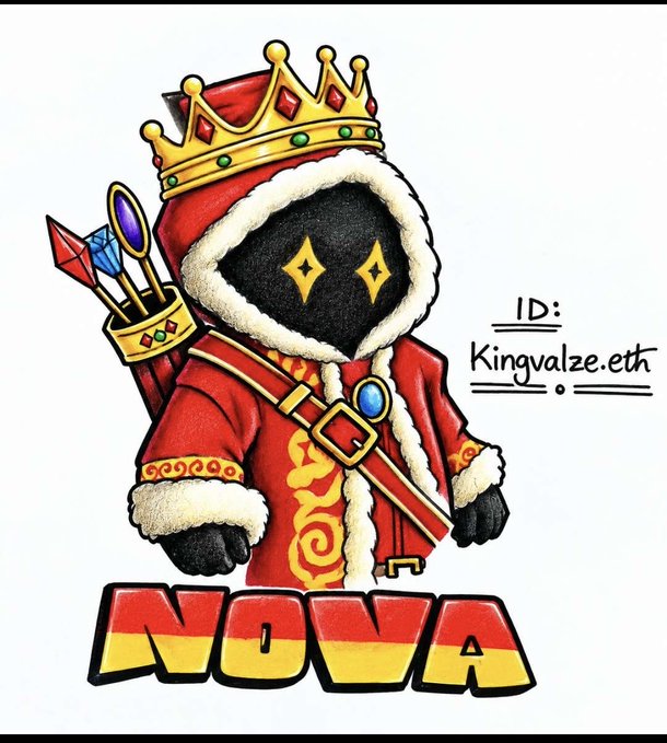 A colorful digital illustration of a chibi-style character dressed as a king in red robes and a gold crown, holding a scepter, with the text 'ID: Kingvalze.eth' and 'NOVA' displayed.